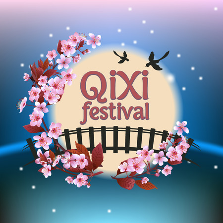 Qixi or Tanabata festival Vector illustration, Celebrates the annual meeting of the cowherd and weaver girl on seventh day of the 7th month,の販売画像