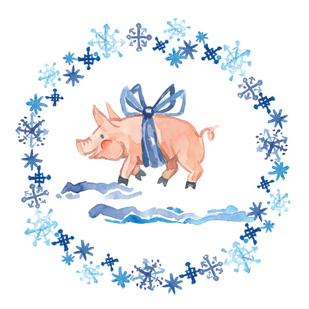 Seamless pattern of a pig, snowflakes, gingerbread, bag and gift.Christmas sketch.Symbol of the new year.Watercolor hand drawn illustration.の写真素材
