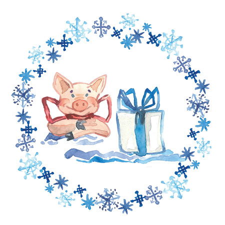 Watercolor Winter greeting card with cute Pig with gift. 2019 Chinese New Year of the Pig. Watercolor illustration.の写真素材