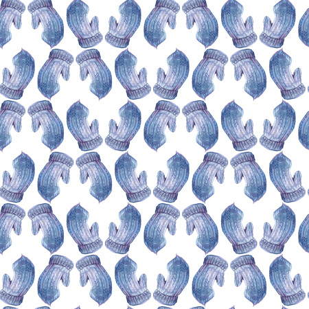 Watercolor Christmas seamless pattern with blue mittens.の写真素材