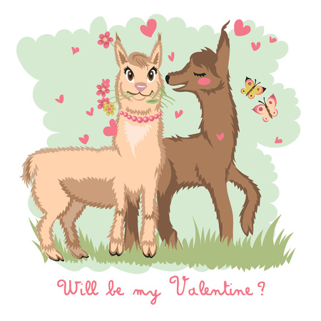 Two lovers, kissing llamas surrounded by hearts. Love is in the air. Inscription You are my Valentine, postcard, Valentine s dayのイラスト素材