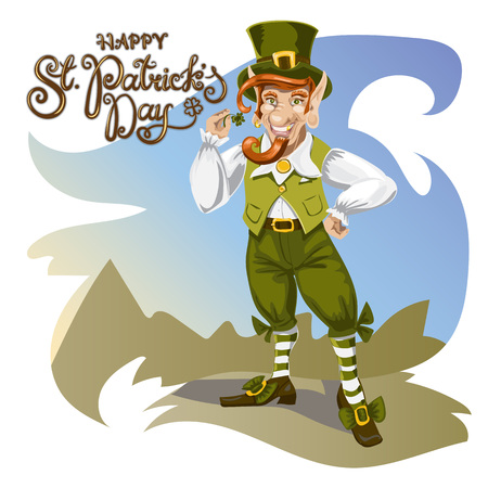 Happy Saint Patrick s Day. Character with green hat. Cartoon funny leprechaun with clover. Lettering. Vector illustrationのイラスト素材