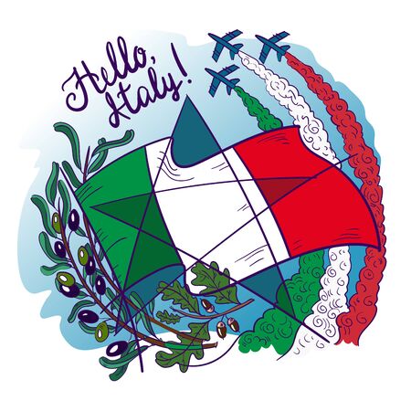 Symbols of Italy- Frecce tricolori tricolour arrows in the sky, olive branch, oak, flag and star. Vector illustration.のイラスト素材