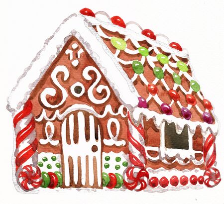 Watercolor illustration of gingerbread house with glaze, sweets and garlands. Christmas holiday mood.の写真素材