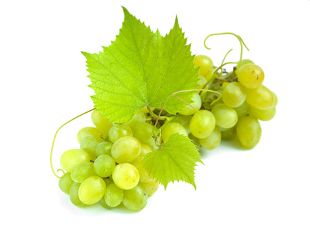 Ripe grapes with leaves, Isolated on white backgroundの写真素材