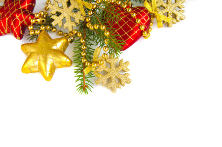 Christmas decoration with fir and baubles isolated white backgroundの写真素材