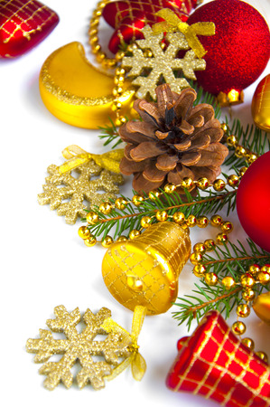 Christmas decoration with fir and baubles isolated white backgroundの写真素材
