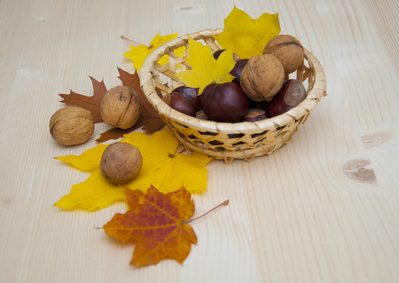 Chestnuts in basket and Autumn leaves on wooden tableの写真素材