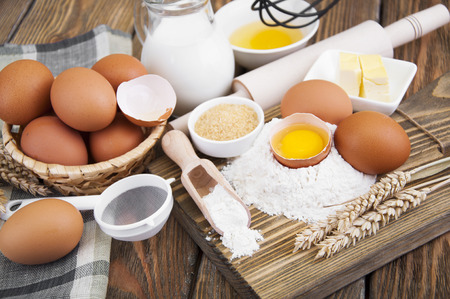 Baking preparation, a variety of baking utensils and ingredientsの写真素材