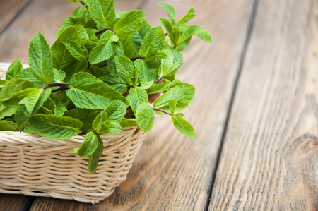 Fresh mint in a basket on old wooden backgroundの写真素材