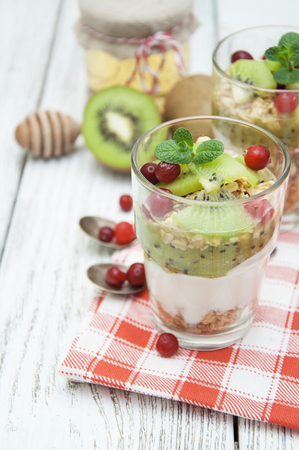 Healthy breakfast with kiwi, yogurt, muesli and cranberry. Layered cream dessertの写真素材