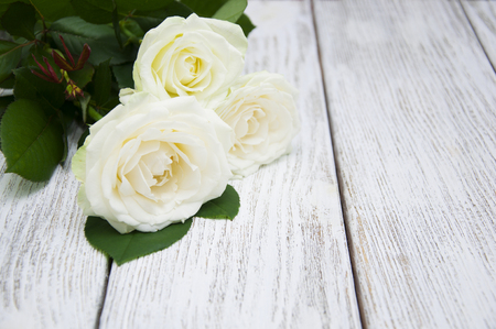 Beautiful white roses on a wooden backgroundの写真素材
