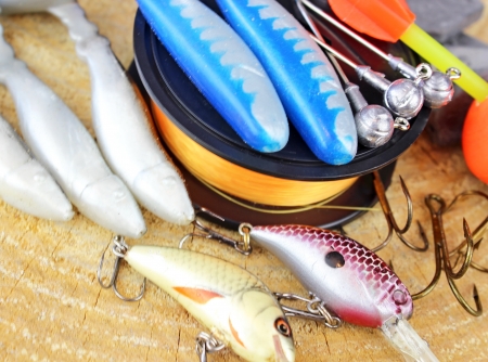 Fishing equipment on wooden