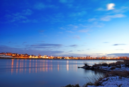 Winter scenery of Grudziadz at Vistula river in Polandの写真素材