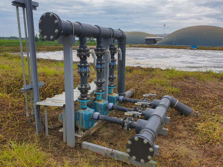 The wastewater treatment system has a check valve to control the water flow.の写真素材
