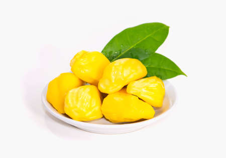The golden yellow jackfruit is placed on a white plate contrasting with the green leaves on isolate...