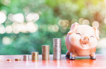 Pig savings bank with coins stacked into a bar graph symbol saving money.の写真素材