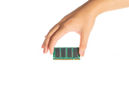 Ram notebook in the hands of men for faster upgrades on isolate white background.