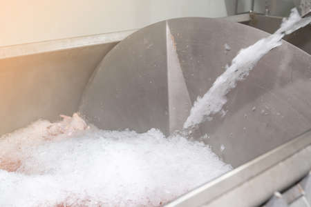 Chicken carcasses were cooled with cold water and ice in chiller tanks.の写真素材