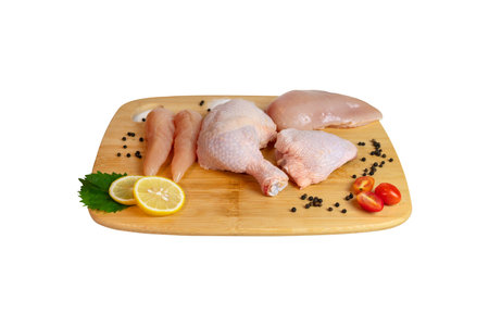 Fresh chicken parts a quarter leg, tenderioins, breast and thigh on wooden cutting board isolate white background.の写真素材