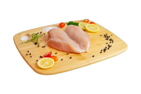 Raw chicken breast fillets and spices on wooden cutting board isolate white background.の写真素材