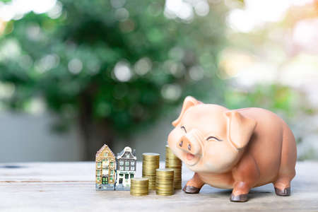 Piggy bank and house model for finance and banking concept on out of focus green tree background.の写真素材