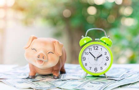 Piggy Bank, green alarm clock and pile of dollar bills on blur background. Concept - Time Management,earn and saving.の写真素材