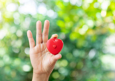 Woman hold red heart on out of focus background it 's sign of say yes wedding.Valentines day concept.の写真素材