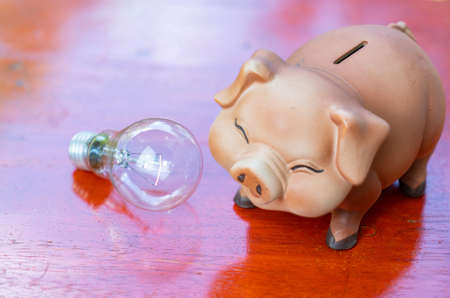 light bulb and Piggy bank on wooden desk concept Saving energy.の写真素材
