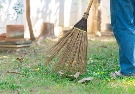 Close-up of woman cleaning dried leave on front yard at home. Clean garden.の写真素材