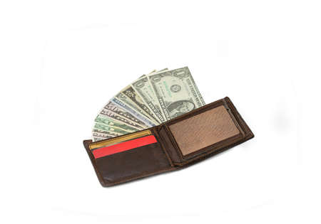 Dollar bills and credit card in wallet isolater on white background.