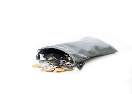 Wealth coin in grey money bag isolated on white background. Saving concept.の写真素材