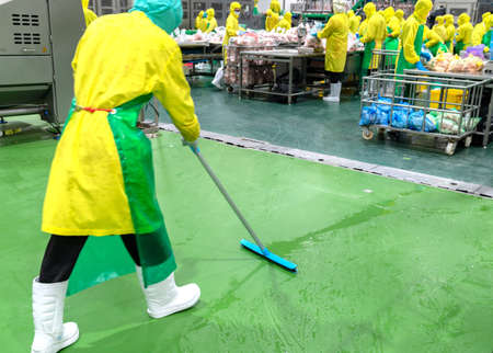 Staff hygiene use mob cleaning floor in chicken meat process line.の写真素材