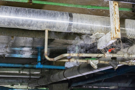 Steam leak through a crack in the exhaust pipe heating under ground factory.の写真素材