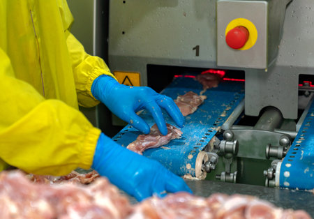 Worker paste chicken meat on conveyor to automate cutting size machine in poultry factory.の写真素材