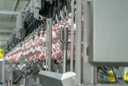 Chicken whole hang on chain conveyor prepare to automate cutting meat process.の写真素材