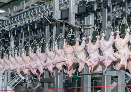 The chicken on the conveyor chain after remove feather in chicken parts process.の写真素材