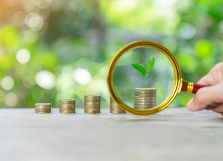 Magnifi zoom tree on coin stack concept of grow saving on out of focus background.の写真素材
