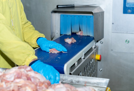 Hand in blue gloves load chicken meat on conveyor belt to auto cutting size machine in production line.の写真素材
