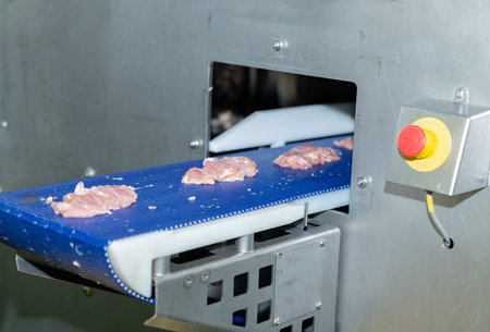 Close up chicken meat load out from auto cutting size machine in automate process line.の写真素材