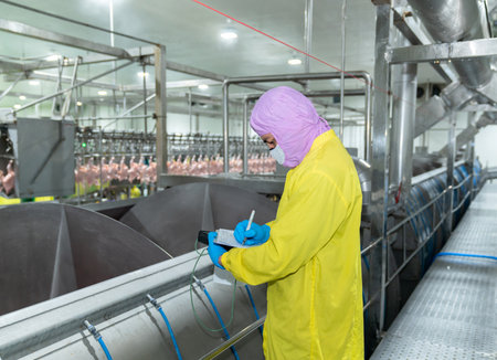 Quality control checks temperature of a chiller steel tank with wort. Industrial food worker conceptの写真素材