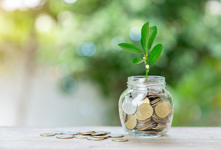 Coins pile with tree growing on top and coins in glass jar on table, nature background, money, saving and investment concept, over sun flare silhouette tone.の写真素材