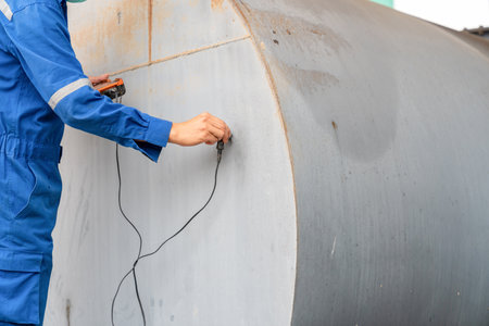 Engineering  inspect the thickness wall of tanks with a device while working at height.の写真素材