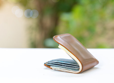 Dollar biiis in brown leather wallet on out of focus background.