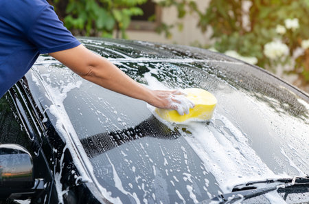 Hand hold yellow sponge with foam soap on outdoor holiday.の写真素材