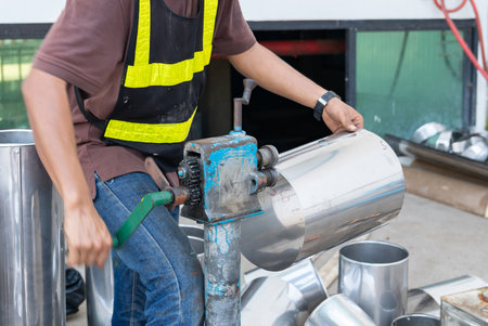 Sheet metal roller. Rolled steel sheet on plate rolling machine in factoryの写真素材