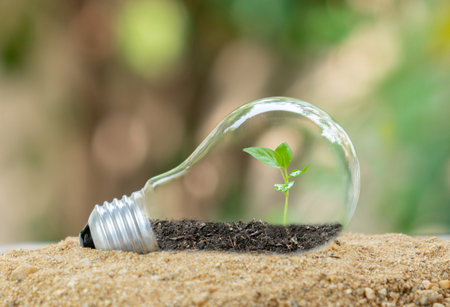 Tree grows in light bulbs on out of focus green background , energy-saving and environmental concepts.の写真素材