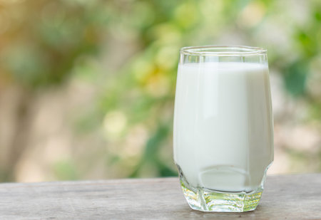 Glass of milk on out of focus green background.の写真素材