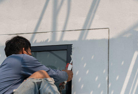 Worker install window with silicon edge around gap in building house.の写真素材