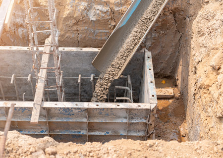 Pouring cement or concrete into foundation formwork of new building. Construction site detailsの写真素材